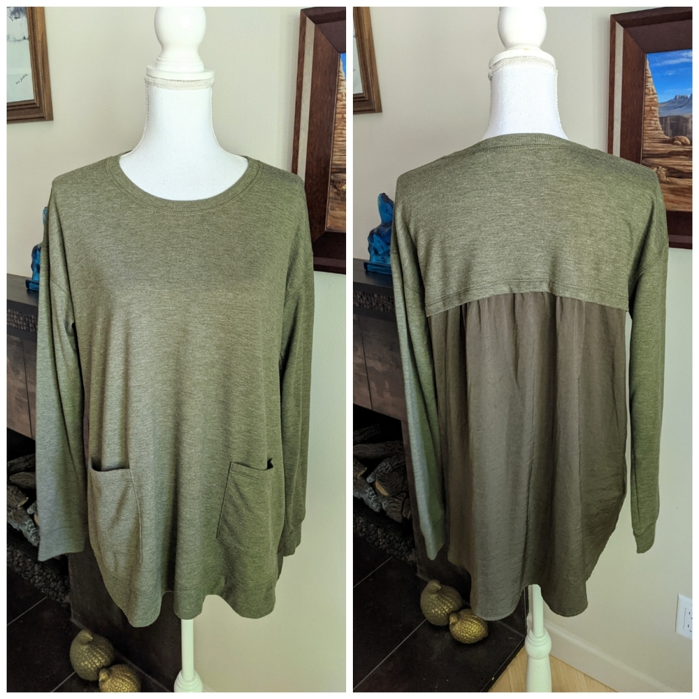 LOGO Lounge Women's XS Relaxed Top Woven Back Olive Green Tunic Knit & Satin 24